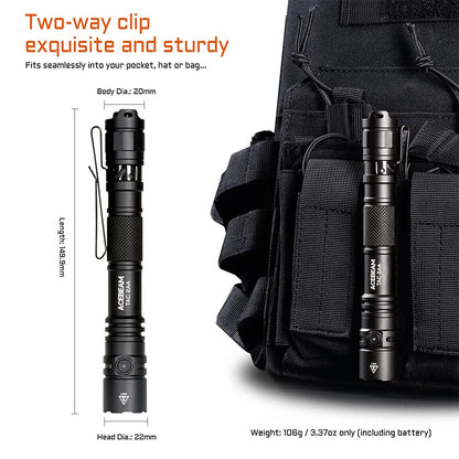 ACEBEAM TAC 2AA LED Flashlight — 1600 Lumen Portable EDC Torch, 181m Beam, USB-C Rechargeable with Dual Buttons