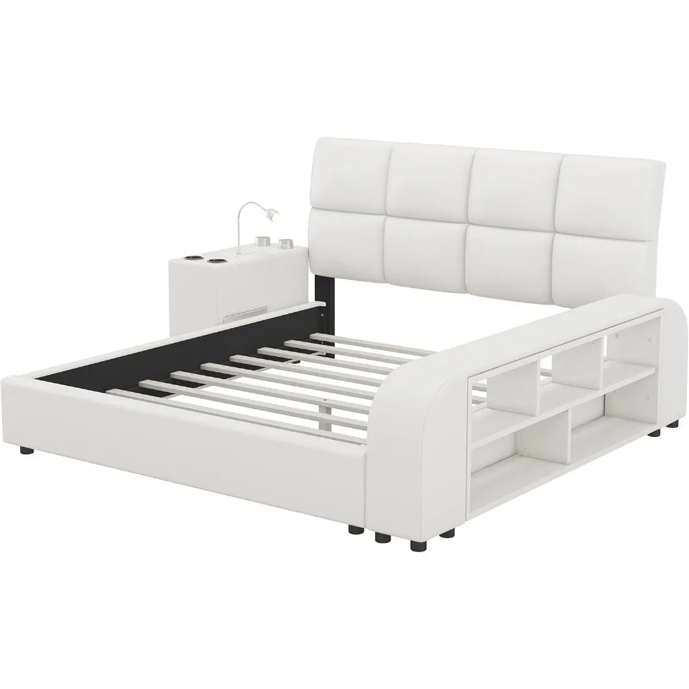 Queen Size Smart Upholstered Bed Frame – White Faux Leather Platform with Storage Shelves, Headboard & Multimedia Nightstand