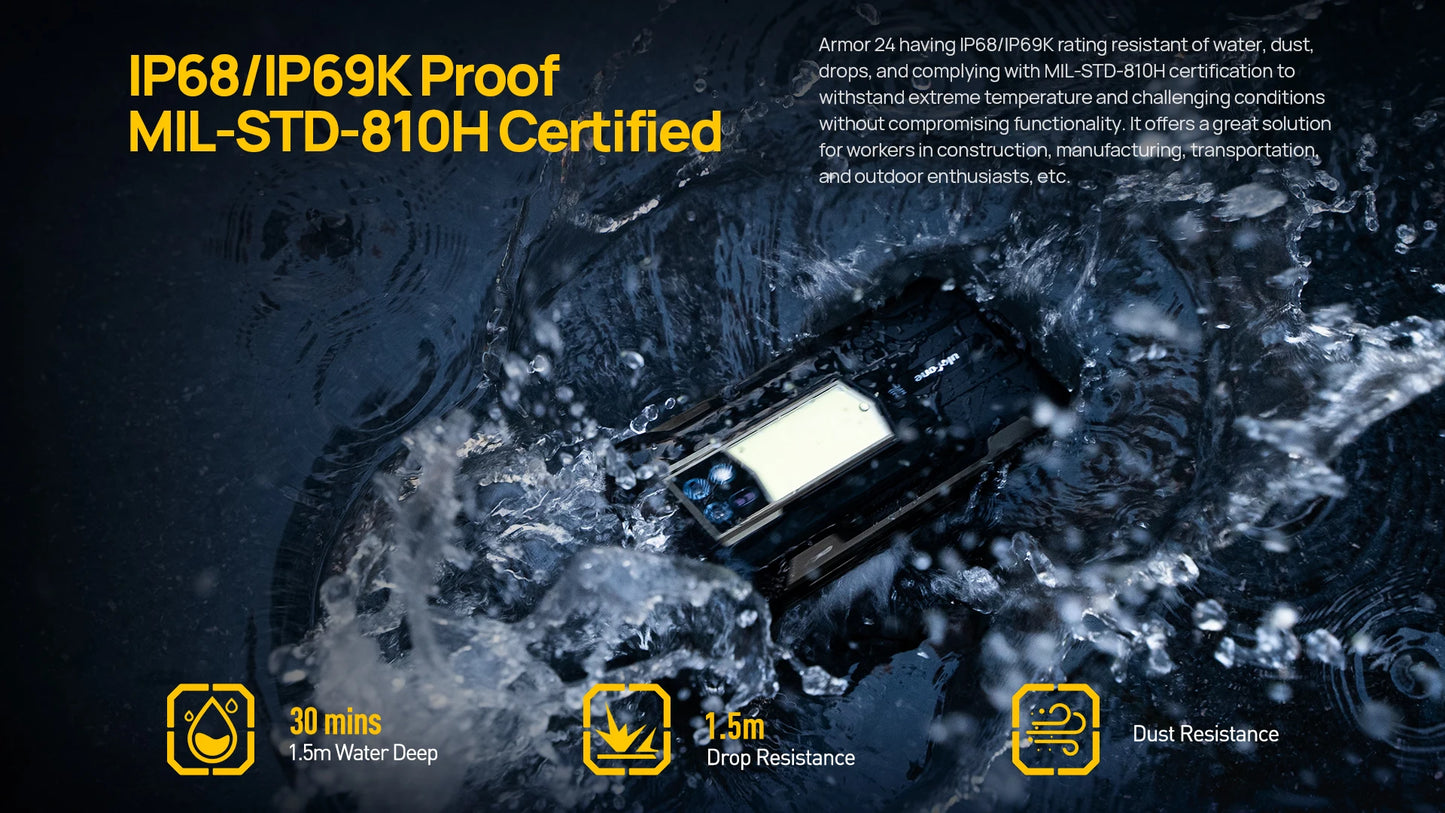 Ulefone Armor 24 Rugged Phone - 22000mAh, 24GB+256GB, 6.78" 120Hz Display, 64MP+64MP Camera, NFC, LED Light, Global Version