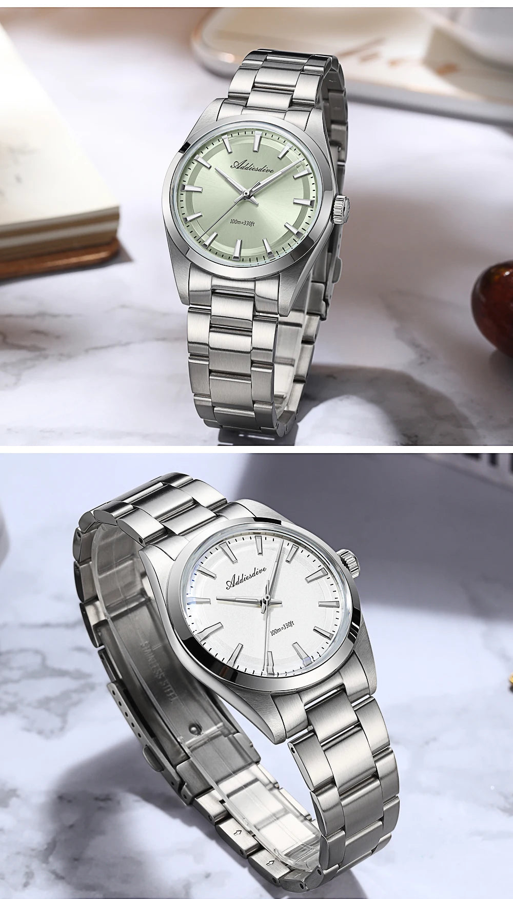 ADDIESDIVE Men's Luxury Quartz Watch – VH31, 100m Waterproof, Green AR Coating, Luminous, 316L Stainless Steel, 36mm