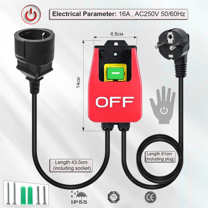 Single Phase Safety Zero Voltage Switch with Plug - Machine Switch for Quick Power Off on Lathe, Milling Table, Cutter (220V-250VAC)