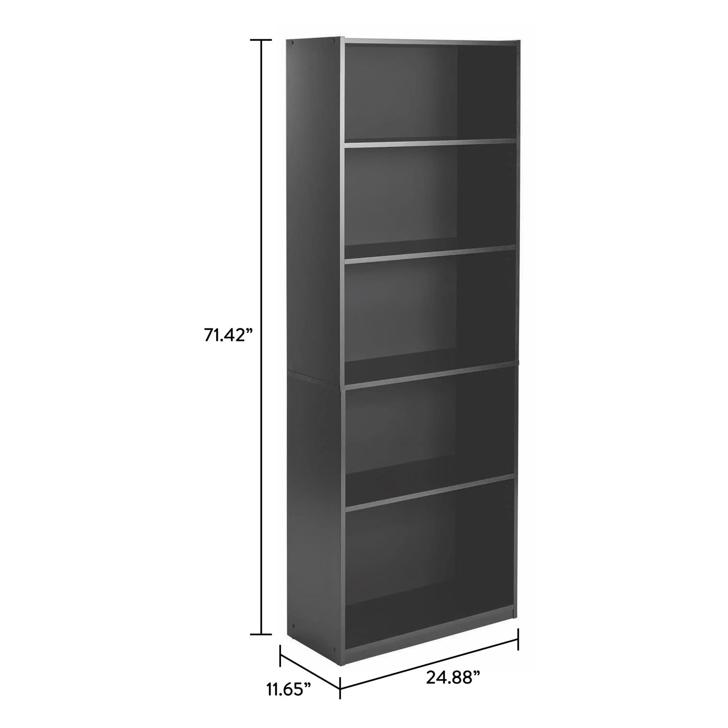 5-Shelf Adjustable Bookcase – True Black Oak Storage Shelf Unit