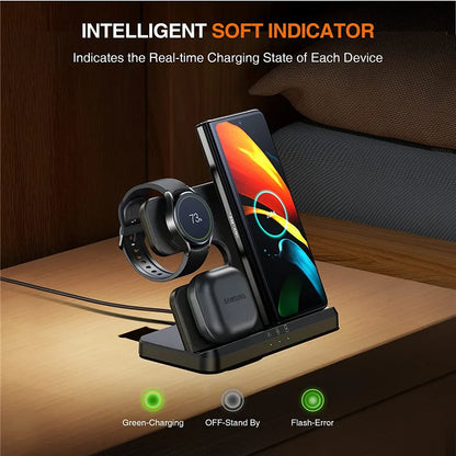 15W 3-In-1 Wireless Charger Stand: Fast Charging Dock Station for Samsung Z Fold 3, S21, S20, Galaxy Watch 5/4/3, Active 2, S3, S4, Buds