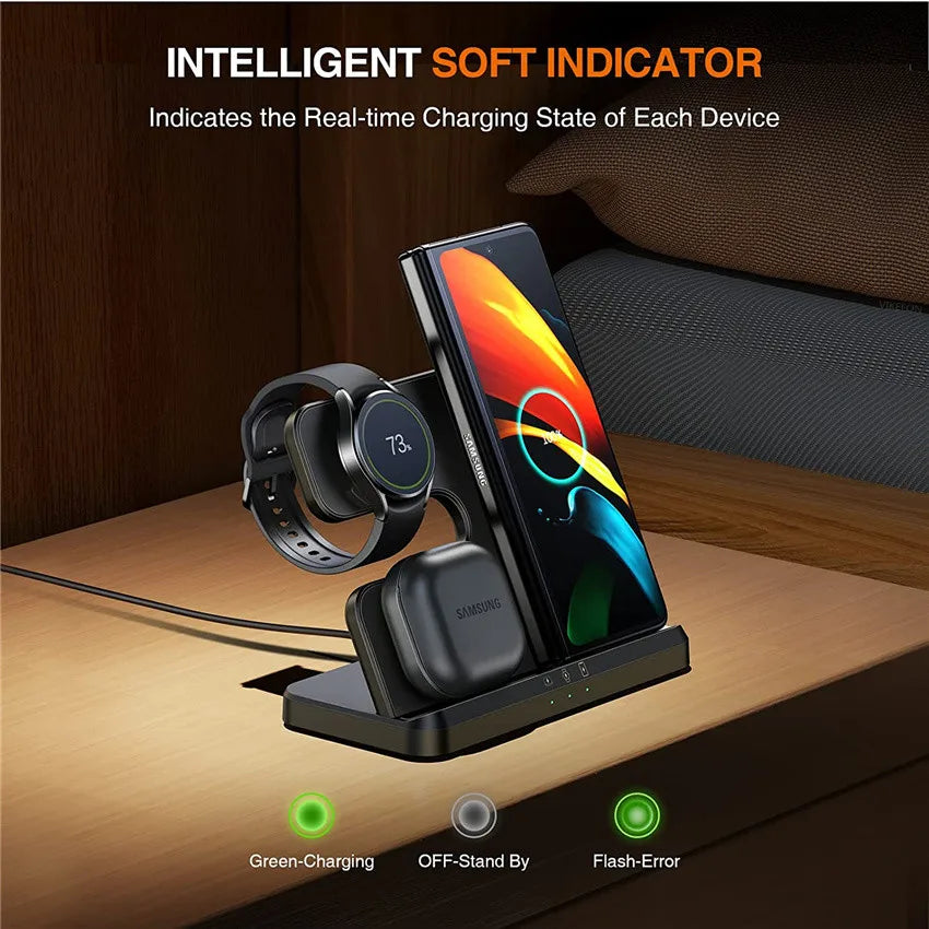 15W 3 in 1 Wireless Charger Stand - Fast Charging Dock for Samsung Z Fold 3, S21, S20, Galaxy Watch 5/4/3, Active 2, Buds