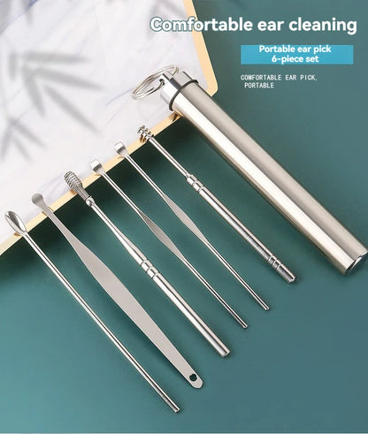 6pcs Stainless Steel Ear Wax Removal Tool Set – Spiral Rotating Ear Picker Spoon for Cleaning & Collecting Ear Wax