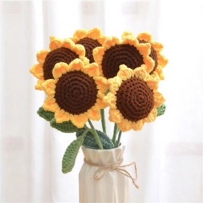 Hand-Knitted Rose, Tulip & Sunflower Bouquet – Crochet Simulation Floral Arrangement for Home Table Decor