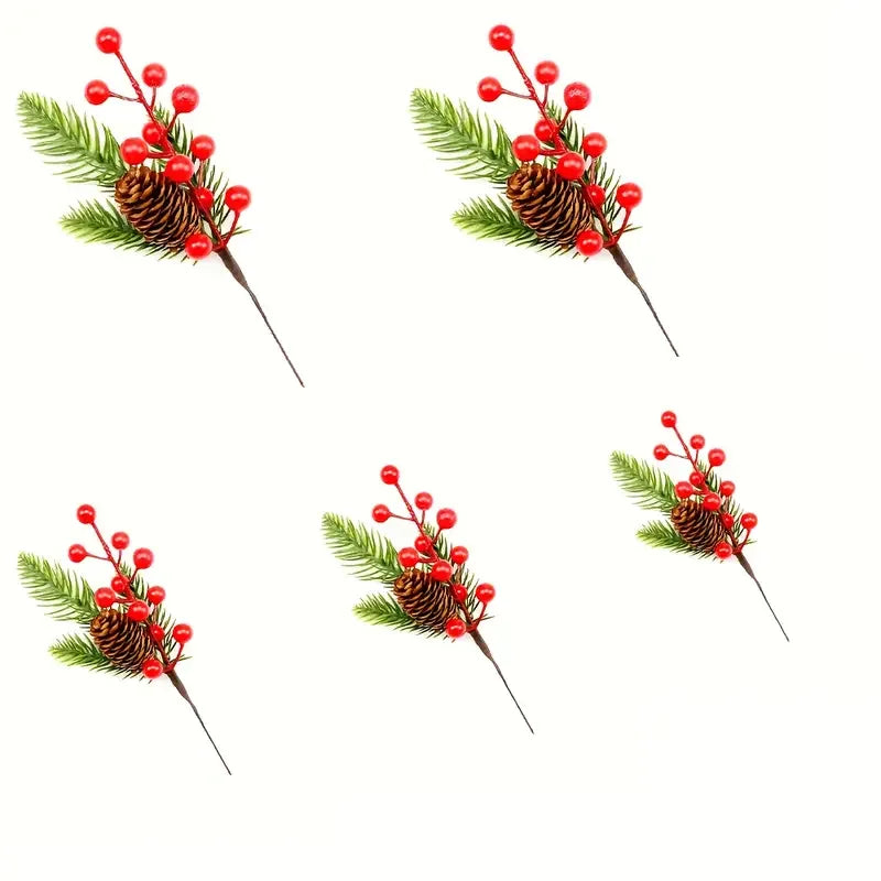 Set of 5 Realistic Artificial Winter Berries & Pine Branches – Christmas Home Decor