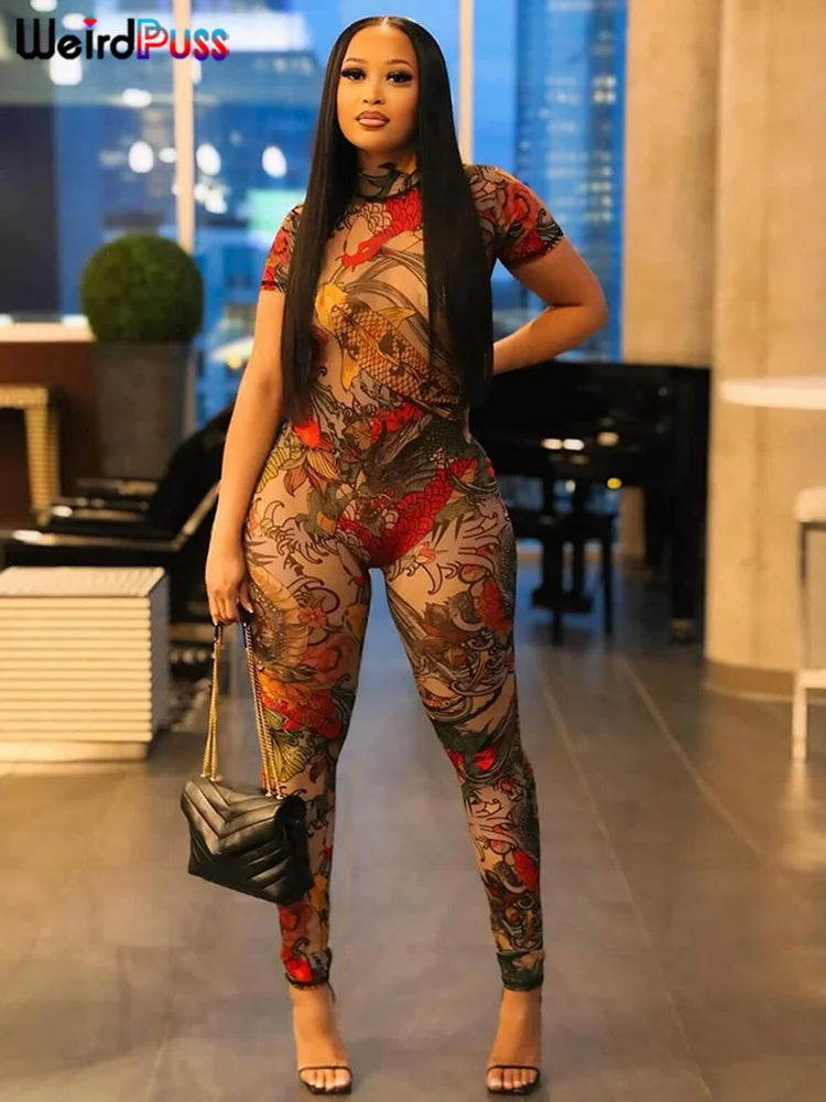 Weird Puss See-Through Jumpsuit for Women - Backless Dragon Print Short Sleeve Fitness & Workout Slim Stretch Clubwear