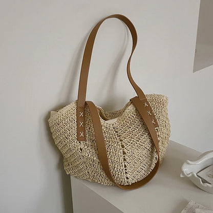 Handmade Woven Straw Beach Bag – Large Capacity Women’s Raffia Shoulder Tote for Summer Travel