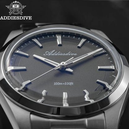 ADDIESDIVE Men's Luxury Quartz Watch – VH31, 100m Waterproof, Green AR Coating, Luminous, 316L Stainless Steel, 36mm