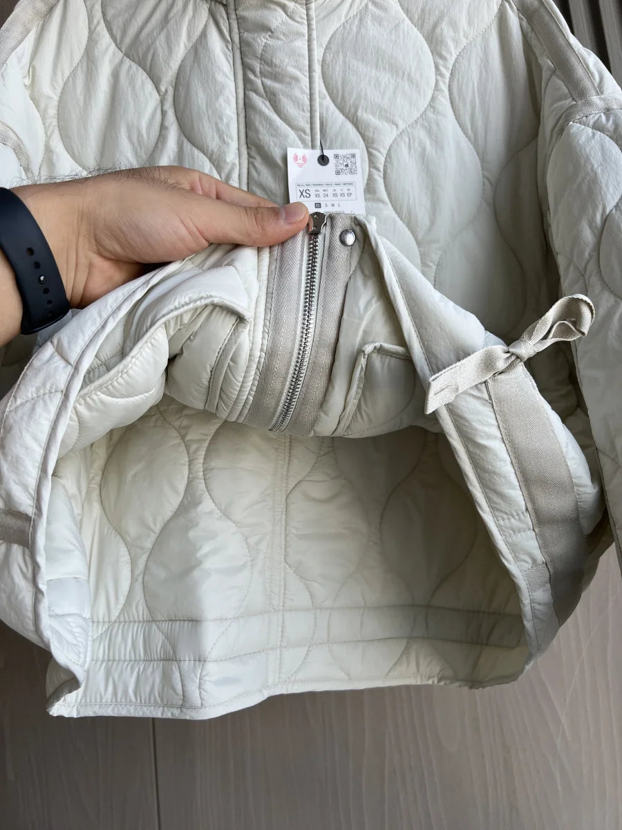 2024 ETJ Quilted Women's Coat – Beige Drawstring High Neck Jacket with Ties & Pockets