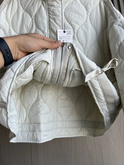 2024 ETJ Quilted Women's Coat – Beige Drawstring High Neck Jacket with Ties & Pockets