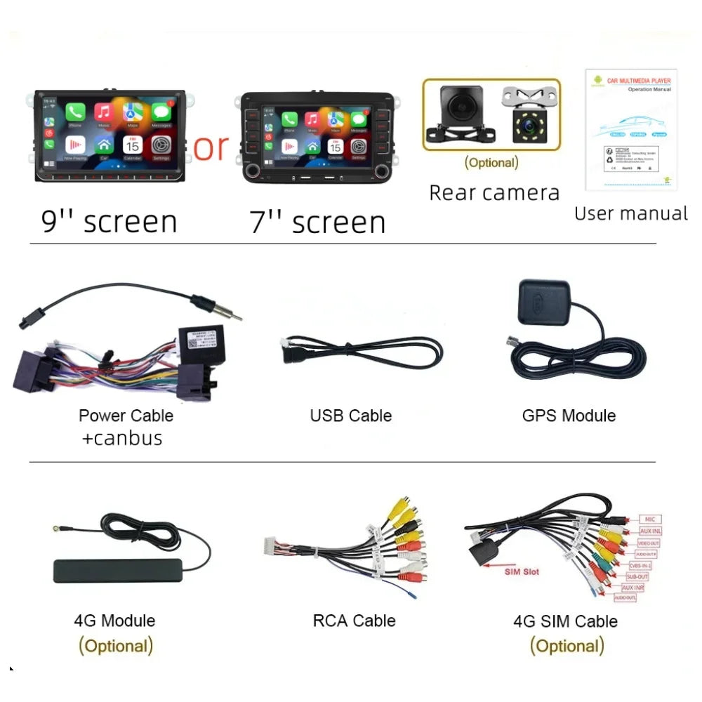 2DIN Android Car Radio for Volkswagen Golf 5/6, Polo, Passat B6/B7, CC, Skoda, Jetta - Multimedia, CarPlay, Wifi & GPS Navigation