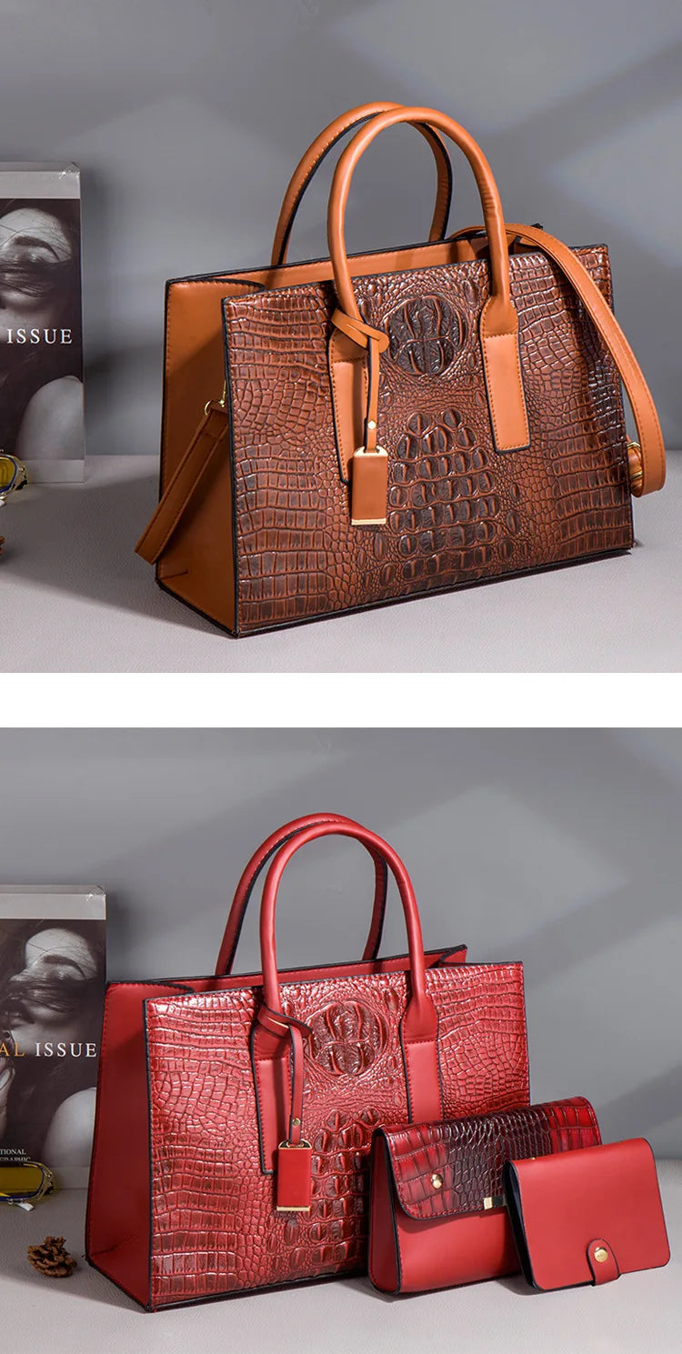 New Crocodile Pattern Handbag Set for Women — 3Pcs Tote, Shoulder Bag & Clutch, Large Capacity Fashion Set
