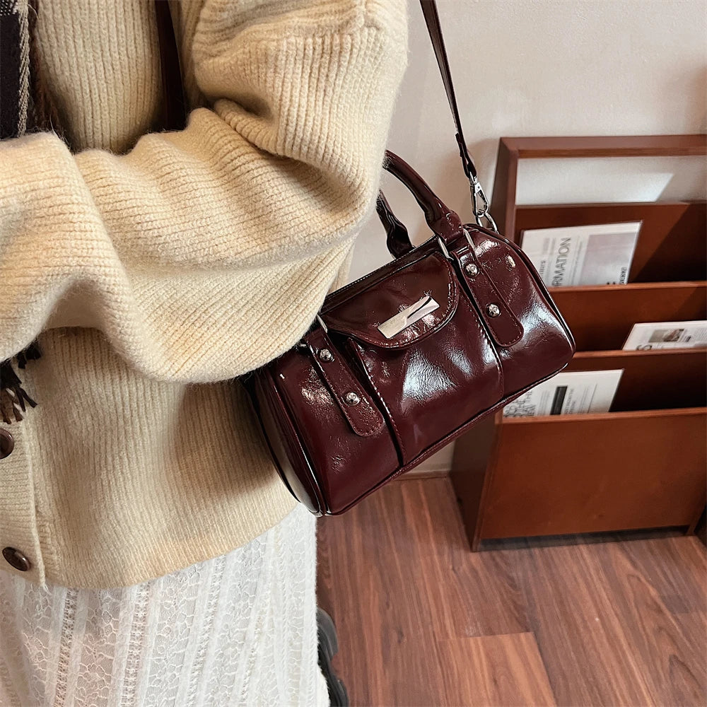 Burgundy Mini Top-Handle Bag for Women — PU Leather Shoulder & Crossbody Handbag 2024 Luxury Designer