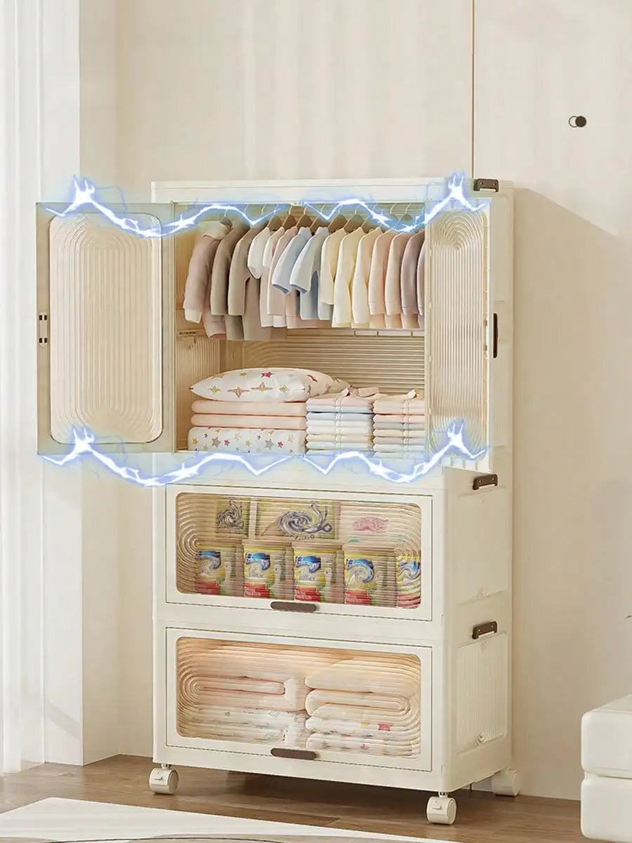 Plastic Wardrobe Closet — 27.6" Wide Stackable Multi-Layer Storage Bins with Lids & Wheels, Collapsible Drawer Organizer