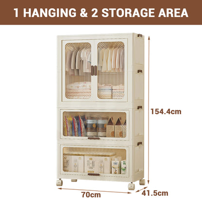 Plastic Wardrobe Closet — 27.6" Wide Stackable Multi-Layer Storage Bins with Lids & Wheels, Collapsible Drawer Organizer