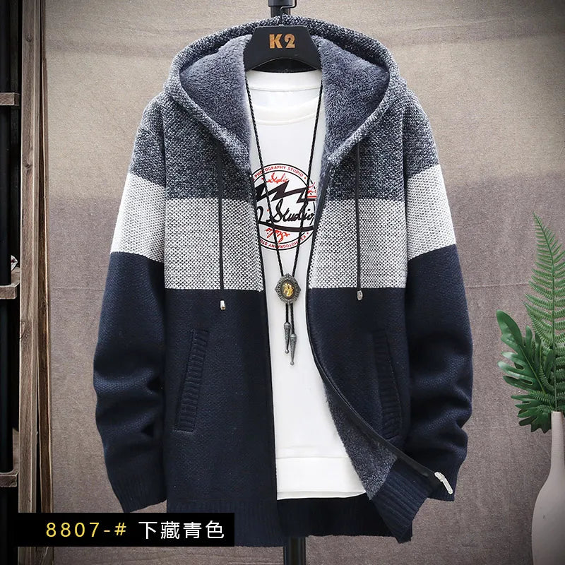 Men's Fleece Zipper Cardigan – Autumn Winter Velvet Striped Sweater Jacket