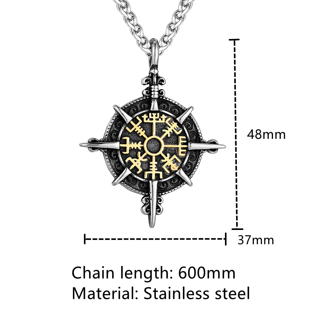 Retro Gold Viking Compass Necklace – Antique Stainless Steel Norse Rune Vegvisir Amulet Pendant for Men