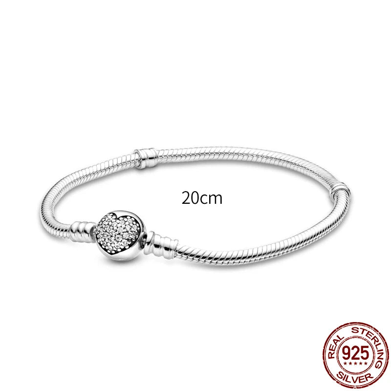 New 925 Sterling Silver Snake Chain Charm Bracelet – Fits Original 925 Pendant Charms & Beads, Heart Bracelet Jewelry for Women