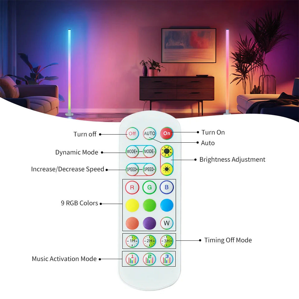 RGB LED Floor Lamp – Remote & APP Control, Music Sync Corner Lighting, Modern Mood Lamp for Bedroom, Living Room & Gaming Decor