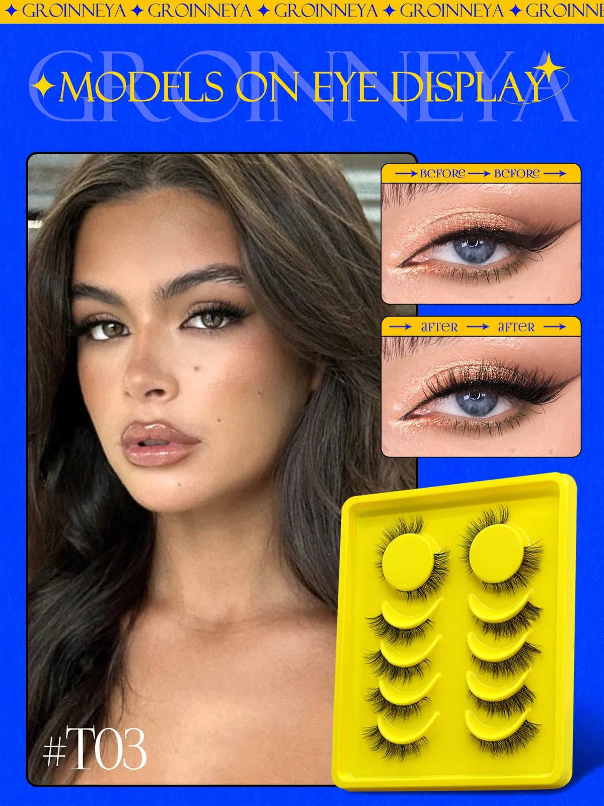 GROINNEYA Half Cat Eye Lashes – Soft Natural Clear Band, Faux Mink Wispy Lashes for Natural Makeup Look
