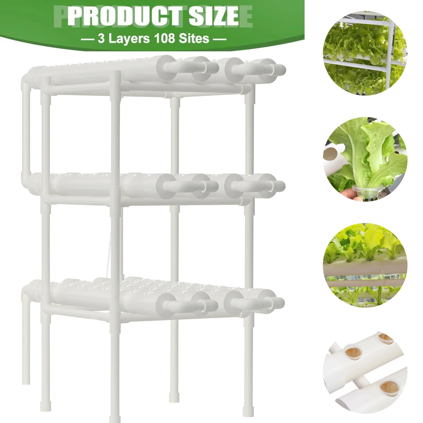 Hydroponics Growing System Kit — 3-Layer 108-Site PVC Pipe Hydroponic Garden for Vegetables & Herbs
