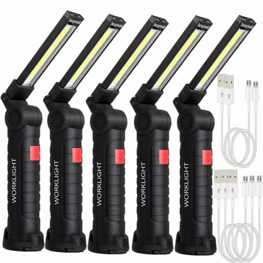 USB Rechargeable Camping LED Flashlight Work Light: IP64 Waterproof, 5 Lighting Modes - with Magnet and Hook, Suitable for Night Work