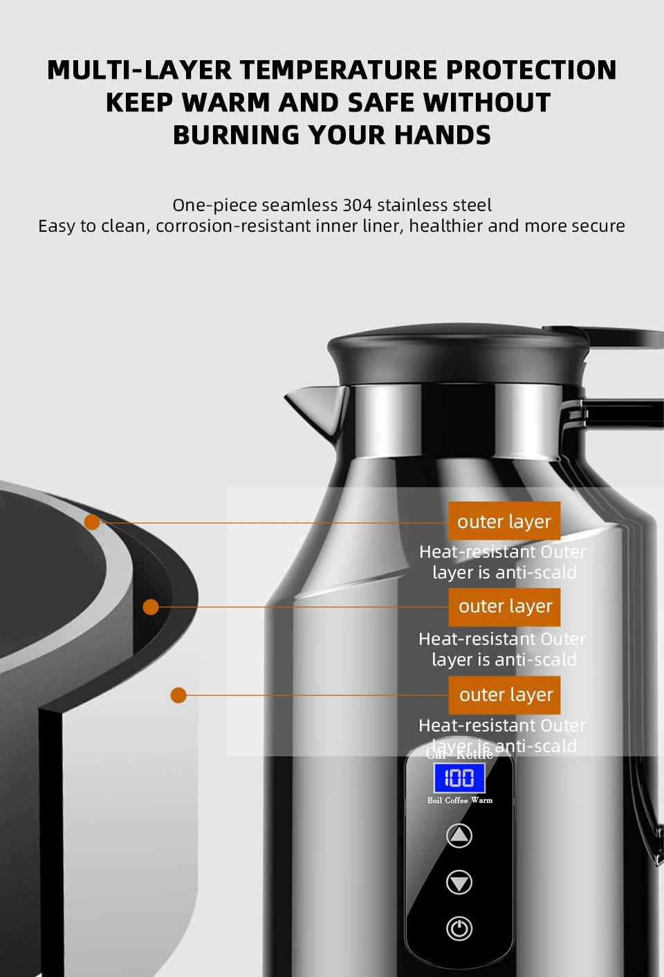 Yangood Portable Car Kettle 1500ML — Large Capacity 304 Stainless Steel Water Heater, 12V/24V for Travel, Tea, and Coffee