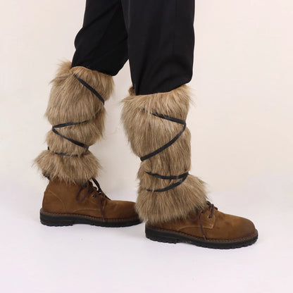Men's Medieval Imitation Fur Leggings – Warm Furry Boots Cosplay for Vikings, Dress-Up & Personality Accessories