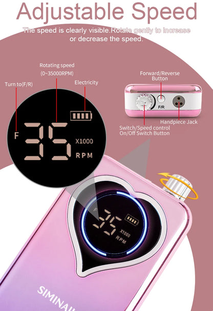 SIMINAIL Professional Nail Drill Machine – 35000RPM Portable Electric Nail File with Rechargeable E-File Bit Kit