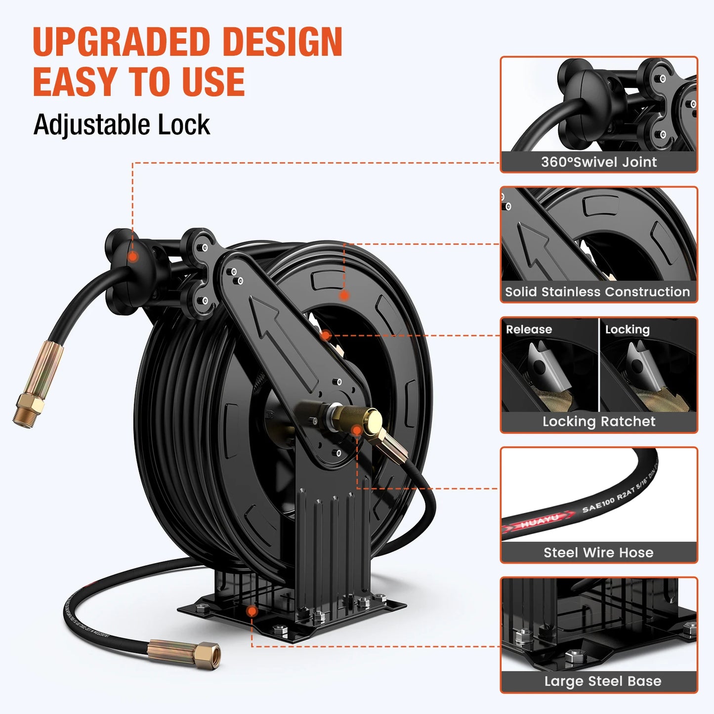 50FT Auto-Retractable Pressure Washer Hose Reel – Heavy Duty 300 PSI Steel Dual Arm Hose for Power Washers