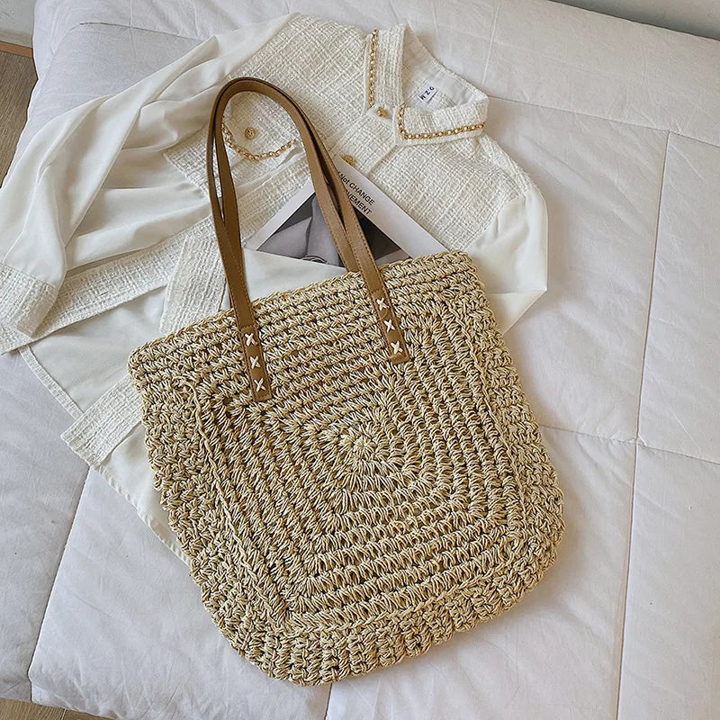 Handmade Woven Straw Beach Bag – Large Capacity Women’s Raffia Shoulder Tote for Summer Travel