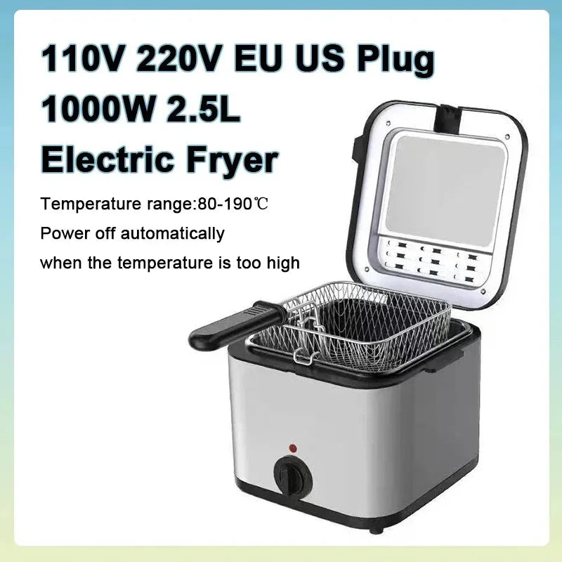 1000W Electric Deep Fryer – 2.5L Multi-Functional Home Oil Fryer for French Fries, Chicken Wings & Snacks, 110V/220V