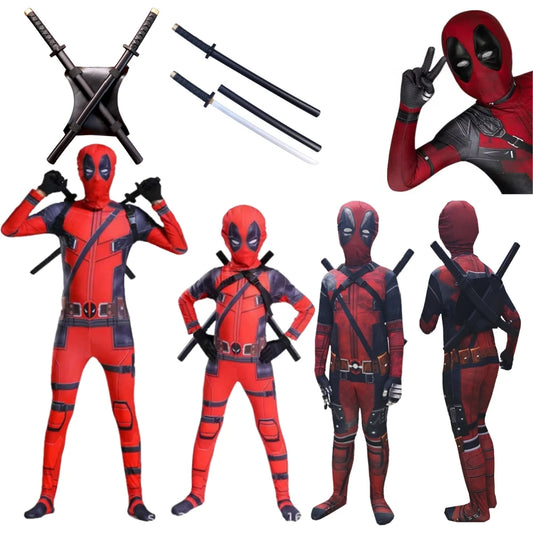 Adult & Kids Deadpool Cosplay Costume – Superhero Jumpsuit with Mask & Swords for Boys