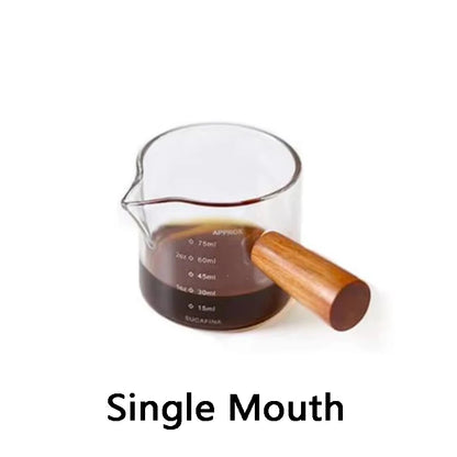 75ML Glass Coffee Measuring Cup with Wooden Handle — Espresso, Milk & Latte Transparent Cup with Scale, Kitchen Coffee Barista Tool