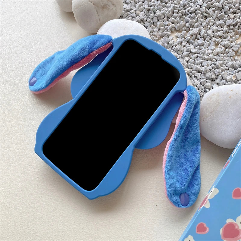 3D Stitch Plush Phone Case — Soft Silicone Cartoon Cover with Ear Strap for iPhone 11-16 Pro Max