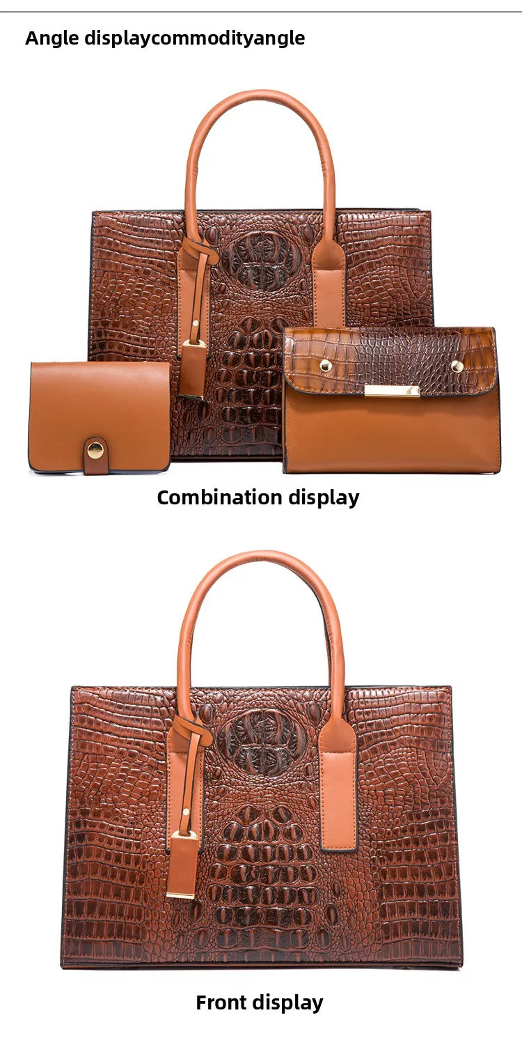 New Crocodile Pattern Handbag Set for Women — 3Pcs Tote, Shoulder Bag & Clutch, Large Capacity Fashion Set