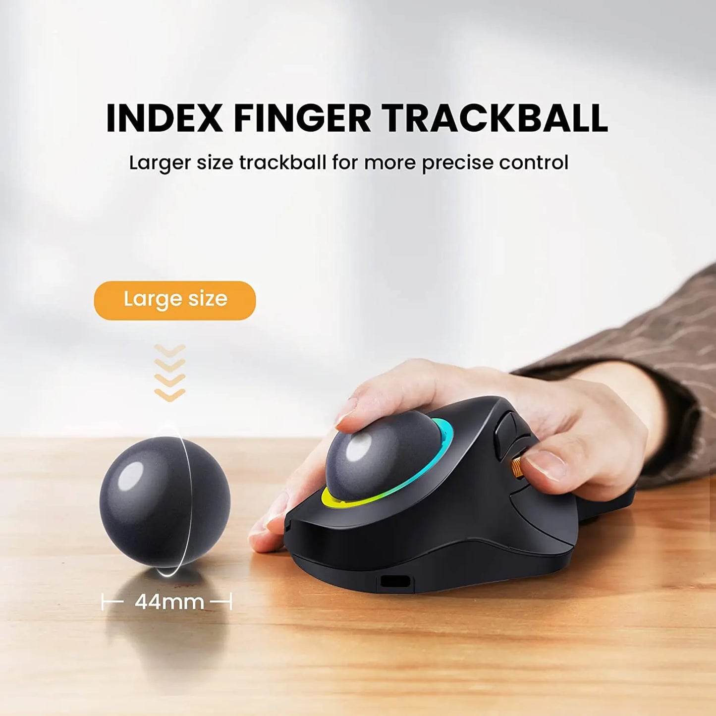 ProtoArc Wireless Index Finger Trackball Mouse - Rechargeable RGB Rollerball, BT 2.4g Mice for Computer Laptop with 3 Device Connection