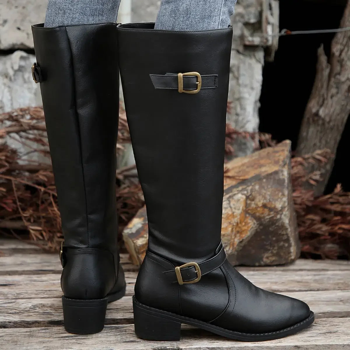Women’s Winter High-Top Knight Boots – Side Zipper & Belt Buckle, Pointed Toe, PU Material with Cotton Lining