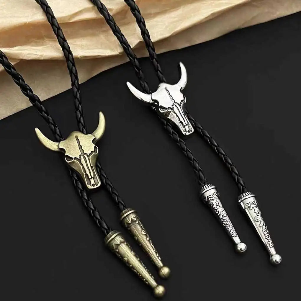 Golden Bolo Tie for Men – Adjustable Cowboy Garment Accessory with Bull Head Pendant, Western Style Necklace