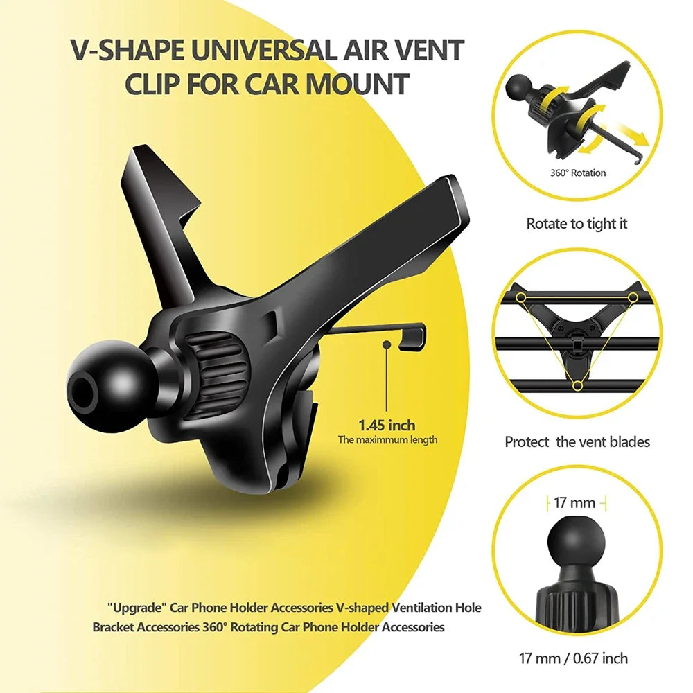 17mm Ball-Head Car Air Vent Clip — Universal Air Outlet Phone Holder Hook Clamp for Mobile & GPS