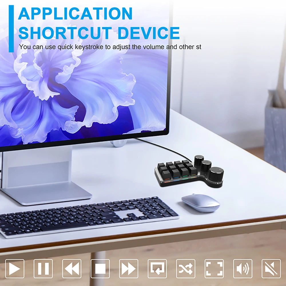 Bluetooth 12-Key RGB Macro Keyboard — 3 Knob Mechanical Hotswap Keypad for Photoshop & Gaming