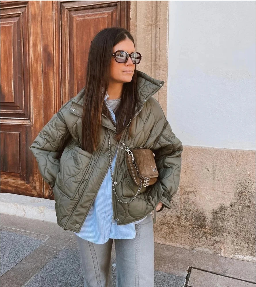 2024 ETJ Quilted Women's Coat – Beige Drawstring High Neck Jacket with Ties & Pockets