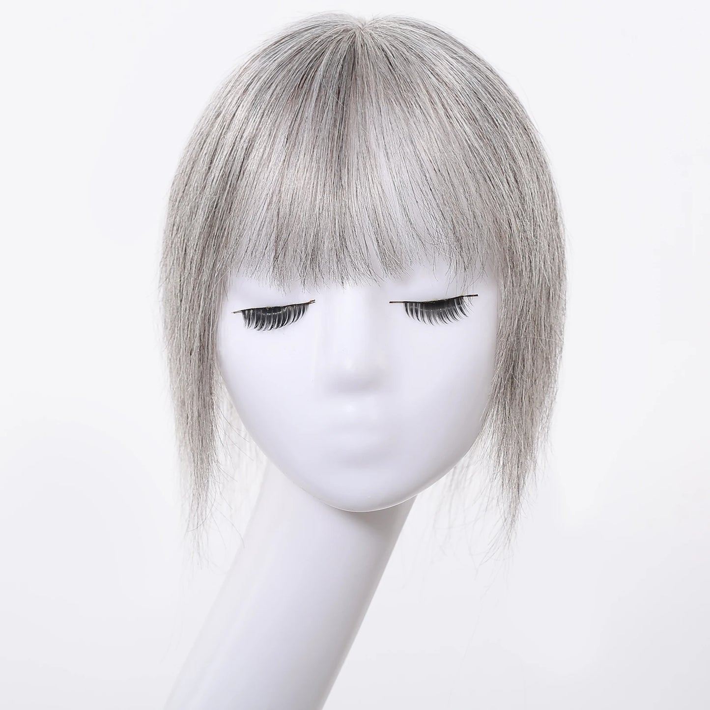 Light Grey Human Hair Topper with Thick Bangs – Clip-In 360° Coverage Hair Extensions for Women
