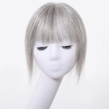 Light Grey Human Hair Topper with Thick Bangs – Clip-In 360° Coverage Hair Extensions for Women