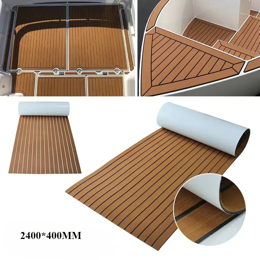 2.4m Self-Adhesive EVA Foam Marine Flooring — Faux Teak Striped Yacht Decking Sheet, 8 Styles in Brown, Gray, Gold & Black