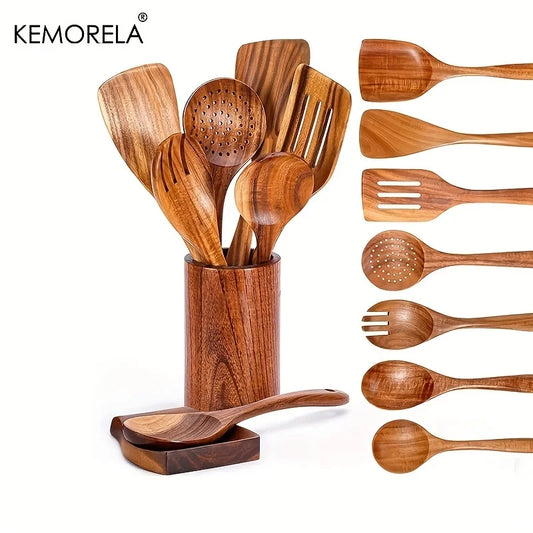 4/7/9PCS Teak Wooden Cooking Spoons Set – Kitchen Utensils with Holder