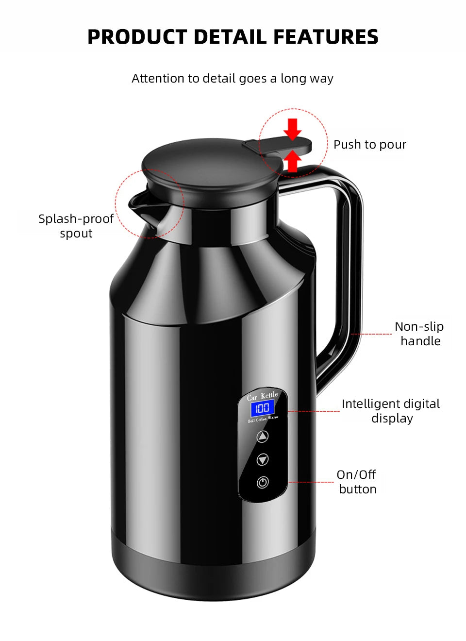 Yangood Portable Car Kettle 1500ML — Large Capacity 304 Stainless Steel Water Heater, 12V/24V for Travel, Tea, and Coffee