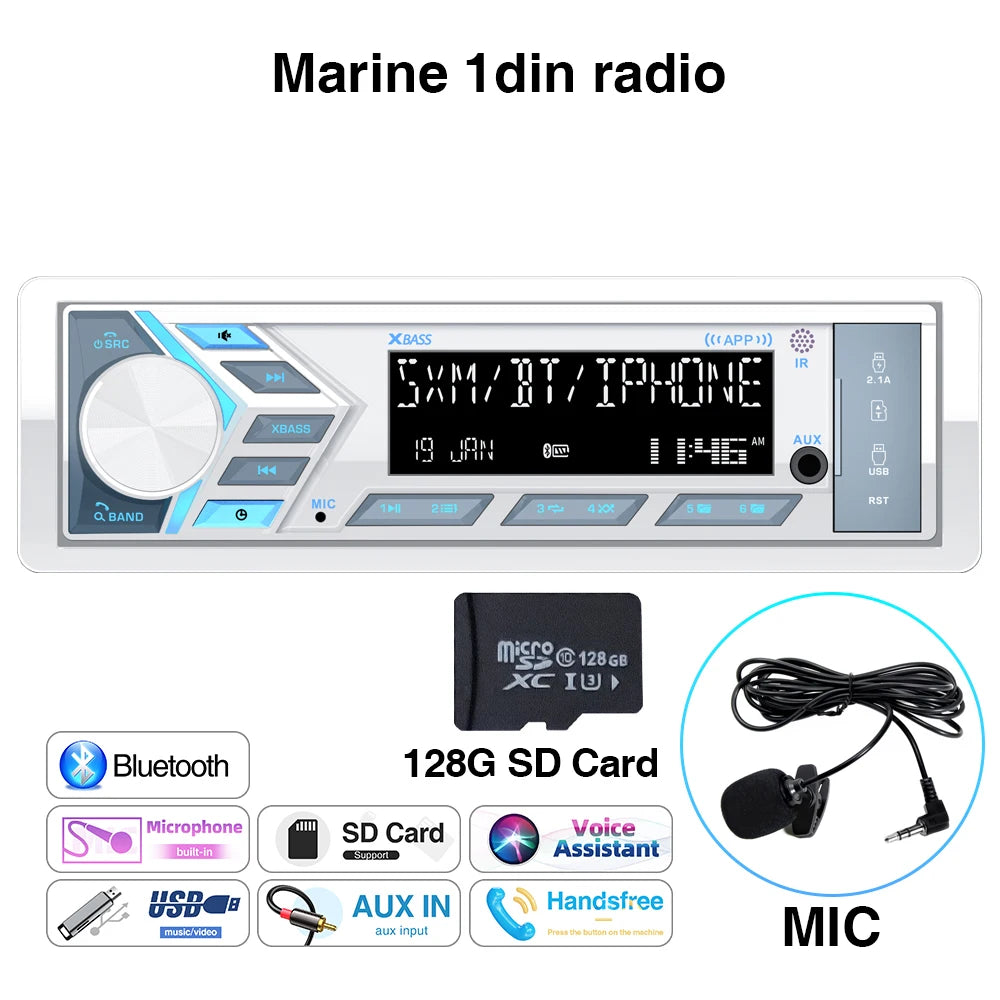 AKAMATE 1Din Boat Radio — Bluetooth Marine Media Stereo Player with AUX, USB, Remote Control, FM/AM for RV, ATV, UTV, SPA, RZR